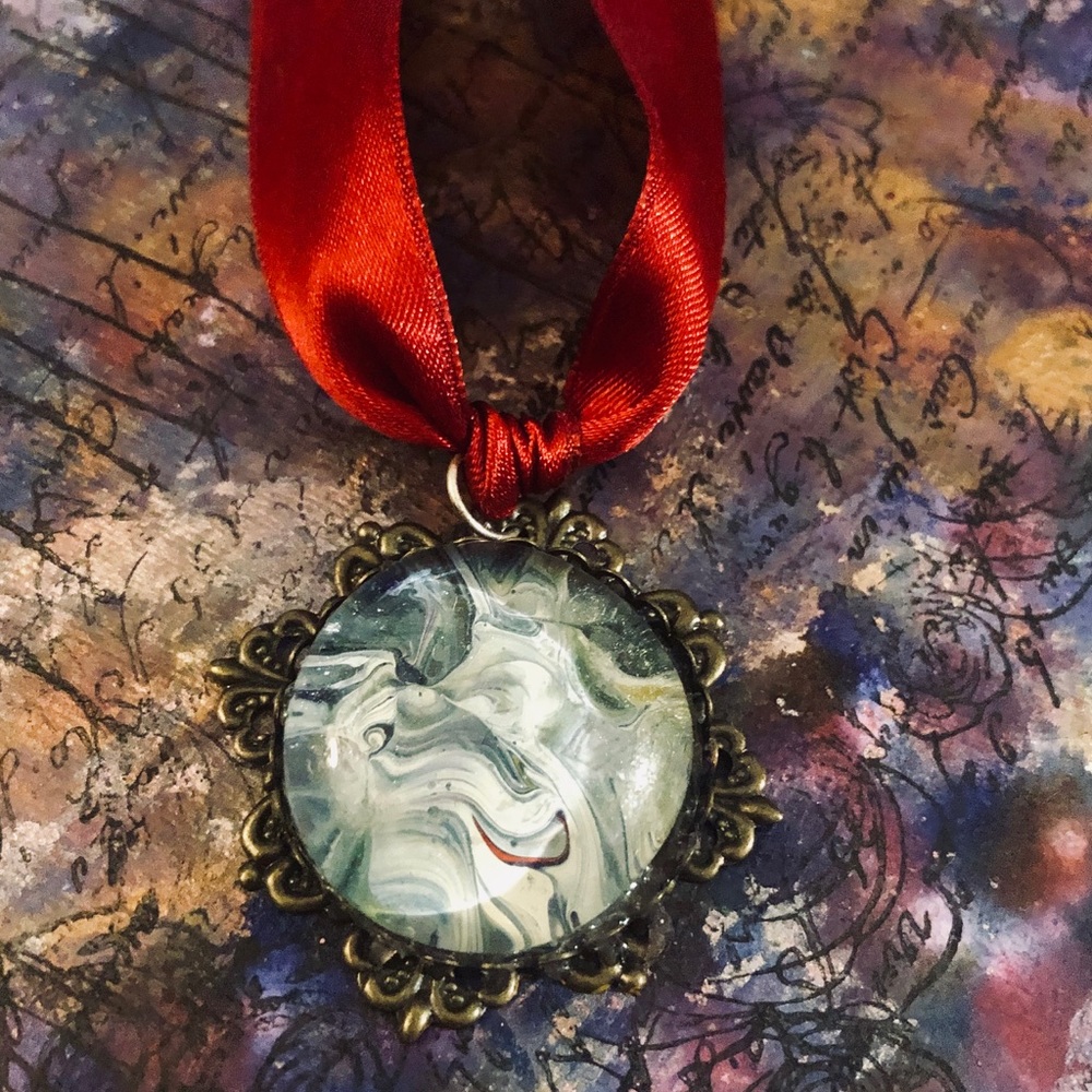 Abstract art pendant on satin ribbon